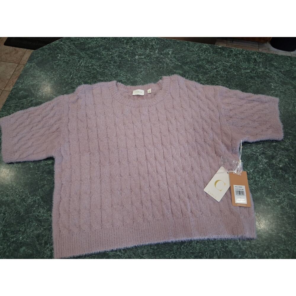 Cyrus Orchid Haze Short Sleeve Cable Knit Super Soft Fuzzy Sweater Sz M NWT New